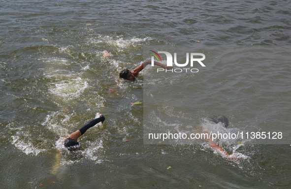 Kashmiri boys are swimming in the waters of Dal Lake to cool off on a hot summer day in Srinagar, Jammu And Kashmir, on July 05, 2024. 