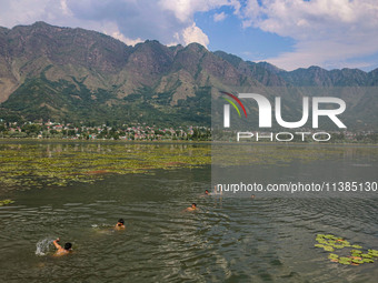 Kashmiri boys are swimming in the waters of Dal Lake to cool off on a hot summer day in Srinagar, Jammu And Kashmir, on July 05, 2024. (