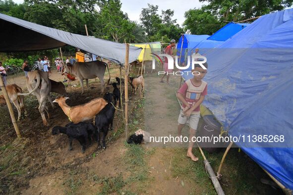 A child is being affected by a flood at a relief camp during the flood near Kampur in Nagaon District of Assam, India, on July 5, 2024. 