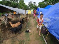 A child is being affected by a flood at a relief camp during the flood near Kampur in Nagaon District of Assam, India, on July 5, 2024. (