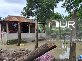 Houses are being seen as the Teesta River water enters Laltong forest village due to heavy and continuous rainfall in the area. The village...