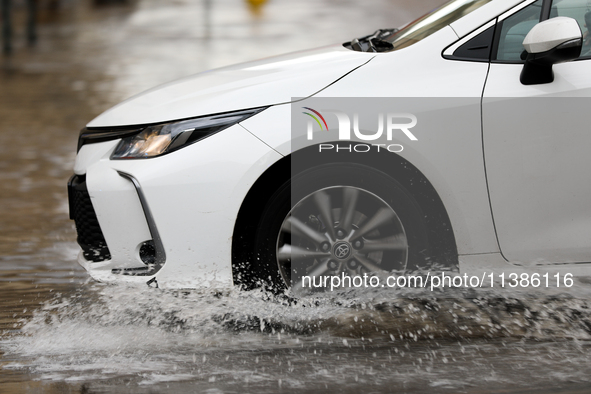 Flooding is occurring due to a water mains failure near the former Main Post Office in Krakow, Poland, on July 4, 2024. 