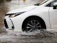 Flooding is occurring due to a water mains failure near the former Main Post Office in Krakow, Poland, on July 4, 2024. (