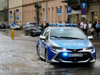 Police are responding to flooding due to a water mains failure at the former Main Post Office in Krakow, Poland, on July 4, 2024. (