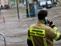 The fire brigade is responding to flooding due to a water mains failure near the former Main Post Office in Krakow, Poland, on July 4, 2024....