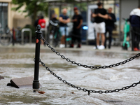 Flooding is occurring due to a water mains failure near the former Main Post Office in Krakow, Poland, on July 4, 2024. (