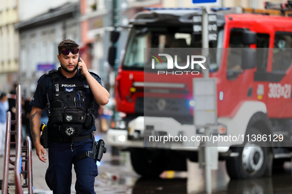 Police are responding to flooding due to a water mains failure at the former Main Post Office in Krakow, Poland, on July 4, 2024. 