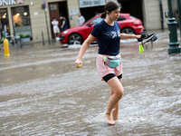 Flooding is occurring due to a water mains failure near the former Main Post Office in Krakow, Poland, on July 4, 2024. (