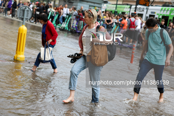 Flooding is occurring due to a water mains failure near the former Main Post Office in Krakow, Poland, on July 4, 2024. 