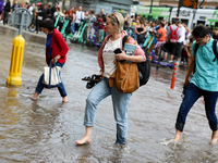 Flooding is occurring due to a water mains failure near the former Main Post Office in Krakow, Poland, on July 4, 2024. (