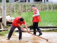 Volunteers are cleaning up silt in Si 'an village, Rongan county, Liuzhou city, South China's Guangxi Zhuang Autonomous region, in Liuzhou,...