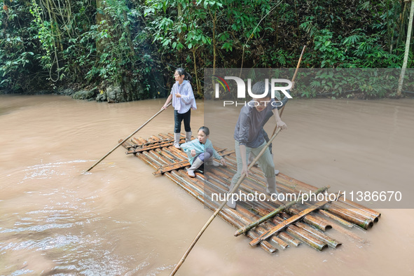 Tourists from Shanghai are walking through the rain forest with their children in the Jinuo Mountain rain forest in Xishuangbanna city, Yunn...