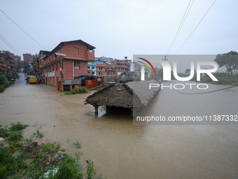 A ''Falcha,'' also called a public rest place, is being submerged in water as the Hanumante River is bursting its embankments after heavy ra...