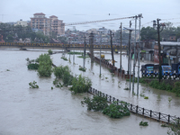 Flooding is submerging a section of road in Kathmandu, Nepal, on July 6, 2024. (