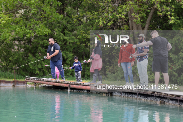 People are fishing for rainbow trout at a pond in Stouffville, Ontario, Canada, on May 12, 2024. 