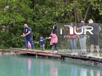 People are fishing for rainbow trout at a pond in Stouffville, Ontario, Canada, on May 12, 2024. (