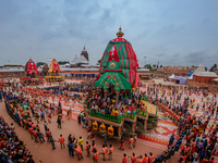 Newly Built Wooden Chariots Of Lord Balabhadra, Devi Subhadra And Lord Jagannath Are Seen In Front Of The Shree Jagannath Temple On The Eve...