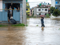 A man is attempting to cross a flooded road with his belongings packed in a suitcase in Tikathali, Kathmandu, on July 6, 2024, following inc...