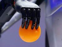 A hand from a humanoid robot is picking up a ball at the World Artificial Intelligence Conference at the Shanghai World Expo Exhibition Cent...