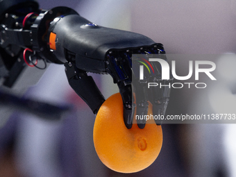 A hand from a humanoid robot is picking up a ball at the World Artificial Intelligence Conference at the Shanghai World Expo Exhibition Cent...