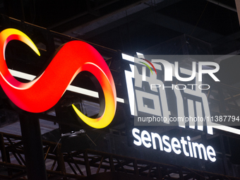 The logo of ''Sensetime,'' a Chinese AI company, is being seen at the World Artificial Intelligence Conference at the Shanghai World Expo Ex...