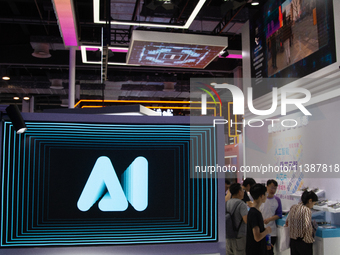 An AI sign is being seen at the World Artificial Intelligence Conference at the Shanghai World Expo Exhibition Center in Shanghai, China, on...