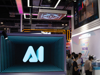 An AI sign is being seen at the World Artificial Intelligence Conference at the Shanghai World Expo Exhibition Center in Shanghai, China, on...