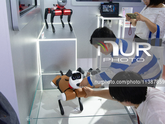 A kid is interacting with a voice command robotic dog toy at the Alibaba stand at the World Artificial Intelligence Conference at the Shangh...