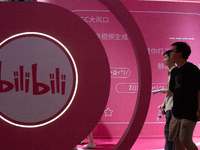 The Bilibili stand is being seen at the World Artificial Intelligence Conference at the Shanghai World Expo Exhibition Center in Shanghai, C...