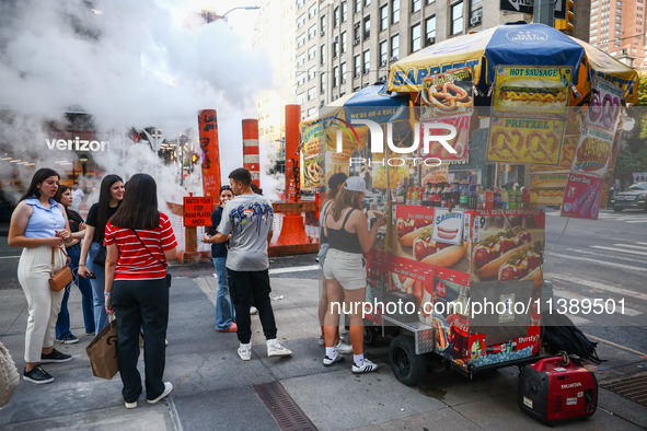 Sabrett Hot Dogs push-cart and steam vents in Manhattan, New York, United States of America, on July 6th, 2024.
 