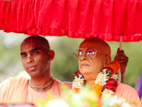 Members of ISKON are taking part in the Jagannath Chariot procession in Kathmandu, Nepal, on July 7, 2024. (