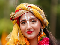 Nepali devotees are decorating as Lord Krishna and participating in the chariot of Lord Jagannath procession in Kathmandu, Nepal, on July 7,...