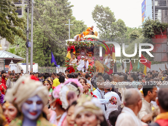 Members of ISKON are taking part in the Jagannath Chariot procession in Kathmandu, Nepal, on July 7, 2024. (