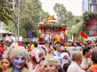 Members of ISKON are taking part in the Jagannath Chariot procession in Kathmandu, Nepal, on July 7, 2024. (