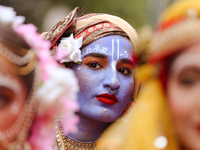 Nepali devotees are decorating as Lord Krishna and participating in the chariot of Lord Jagannath procession in Kathmandu, Nepal, on July 7,...