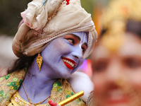 Nepali devotees are decorating as Lord Krishna and participating in the chariot of Lord Jagannath procession in Kathmandu, Nepal, on July 7,...