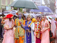 Nepali devotees are decorating as Lord Krishna and Radha and participating in the chariot of Lord Jagannath procession in Kathmandu, Nepal,...