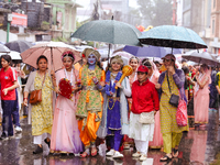 Nepali devotees are decorating as Lord Krishna and Radha and participating in the chariot of Lord Jagannath procession in Kathmandu, Nepal,...