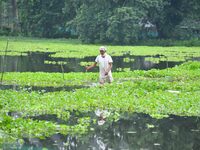 A man is walking through a flooded road after heavy rainfall in Nagaon District of Assam, India, on July 7, 2024. (