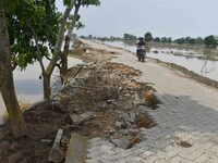 A man is riding a bike on a road damaged by flood in Nagaon District of Assam, India, on July 7, 2024. (