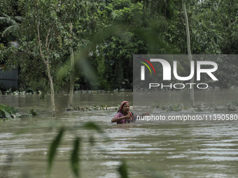 A woman is walking through chest-height flood water in Kurigram, Bangladesh, on July, 2024. (