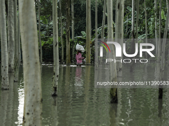 A man is carrying essential goods while walking past flooded water in Kurigram, Bangladesh, on July 7, 2024. (