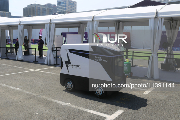 A driverless car is appearing at the 2024 WAIC in Shanghai, China, on July 7, 2024. 