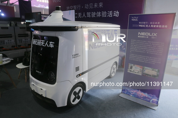 A driverless car is appearing at the 2024 WAIC in Shanghai, China, on July 7, 2024. 