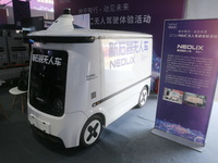 A driverless car is appearing at the 2024 WAIC in Shanghai, China, on July 7, 2024. (