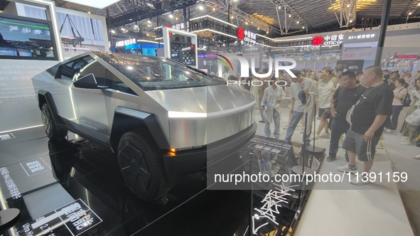 A real Cybertruck is being seen at the Tesla Exhibition area at the 2024 WAIC in Shanghai, China, on July 7, 2024. 