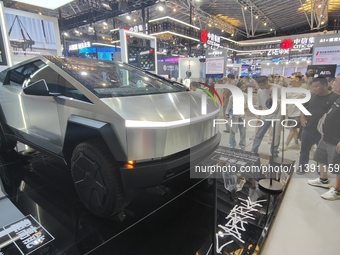 A real Cybertruck is being seen at the Tesla Exhibition area at the 2024 WAIC in Shanghai, China, on July 7, 2024. (