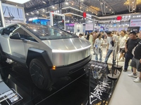 A real Cybertruck is being seen at the Tesla Exhibition area at the 2024 WAIC in Shanghai, China, on July 7, 2024. (