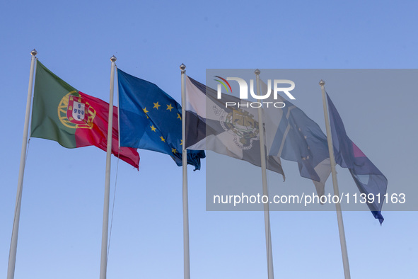 A general of Portugal, Europe, Lisbon, and EUDA flags is being displayed on July 7, 2024, in Lisbon, Portugal. The new European Union Drugs...