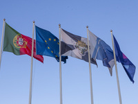 A general of Portugal, Europe, Lisbon, and EUDA flags is being displayed on July 7, 2024, in Lisbon, Portugal. The new European Union Drugs...